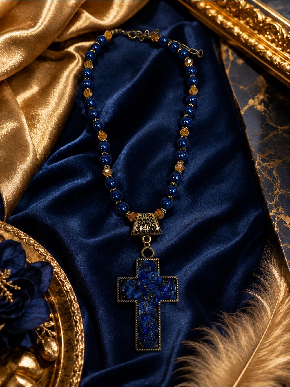 🆕❤️Elegant Blue Beaded Cross Pendant Necklace - Unbranded